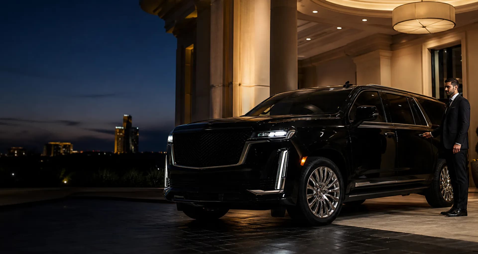 Luxury chauffeur greeting guests beside a black SUV