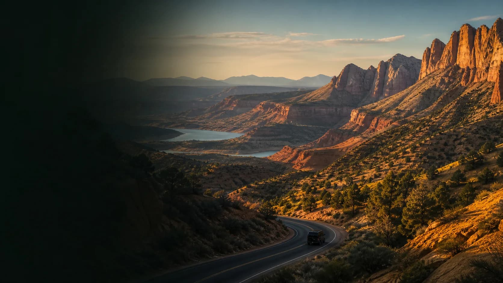 Illustrative American Southwest canyon route at golden hour